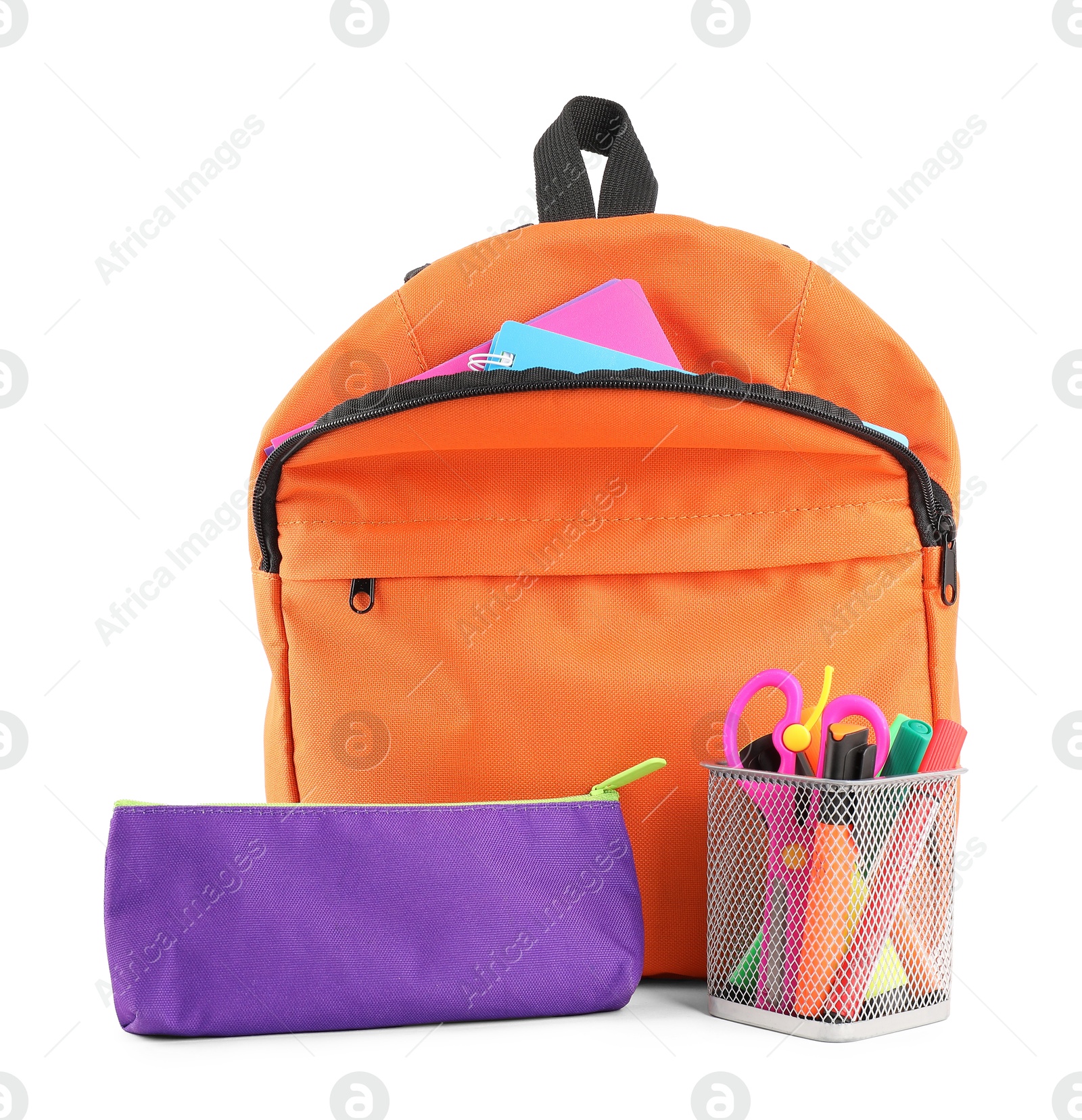 Photo of Backpack with different school stationery isolated on white