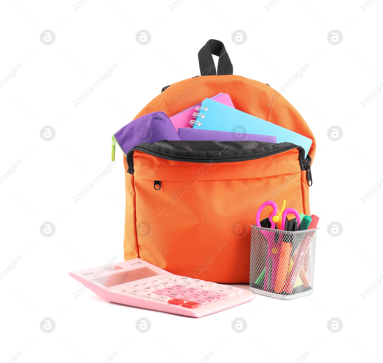 Photo of Backpack with different school stationery isolated on white