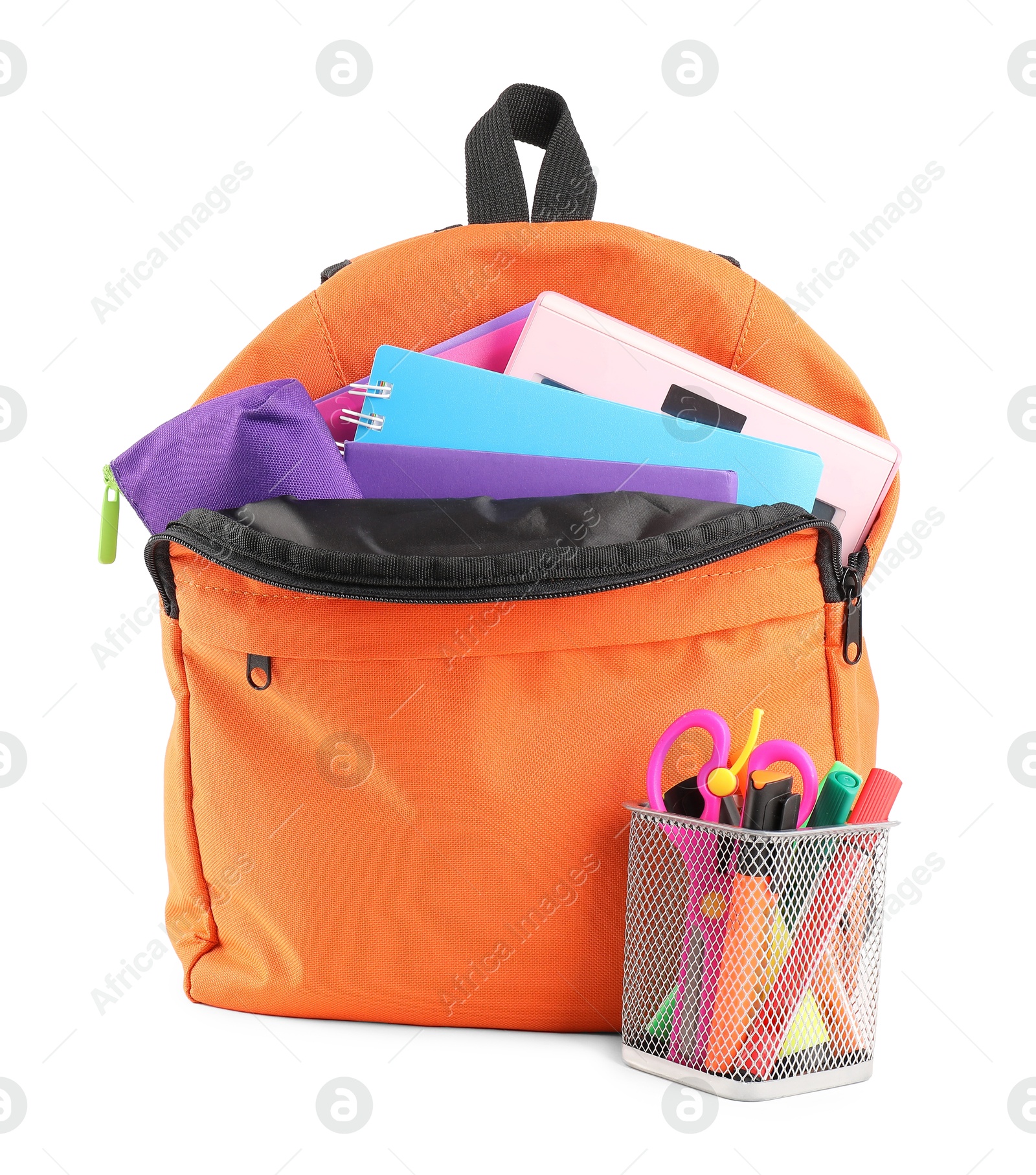 Photo of Backpack with different school stationery isolated on white