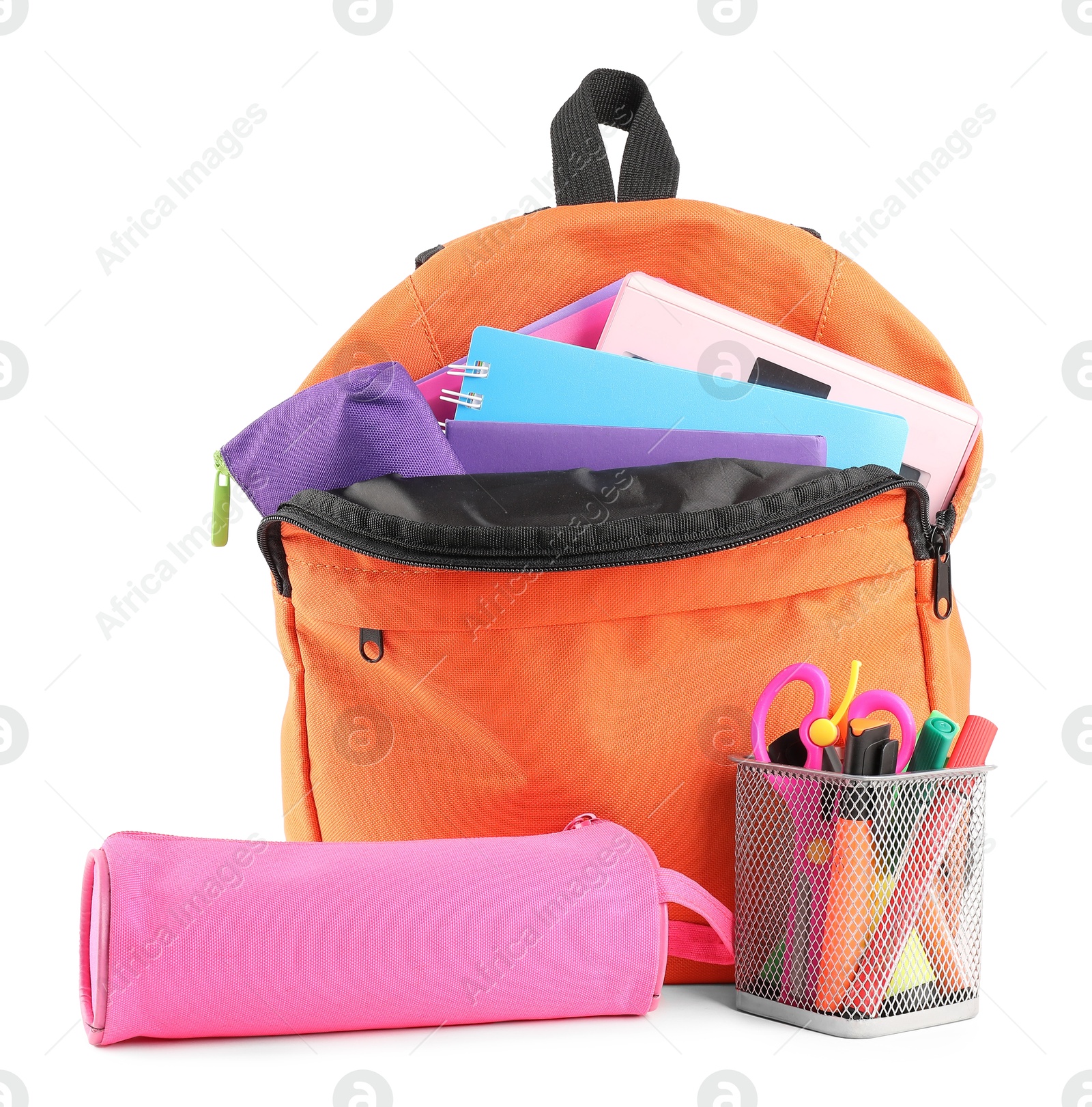 Photo of Backpack with different school stationery isolated on white