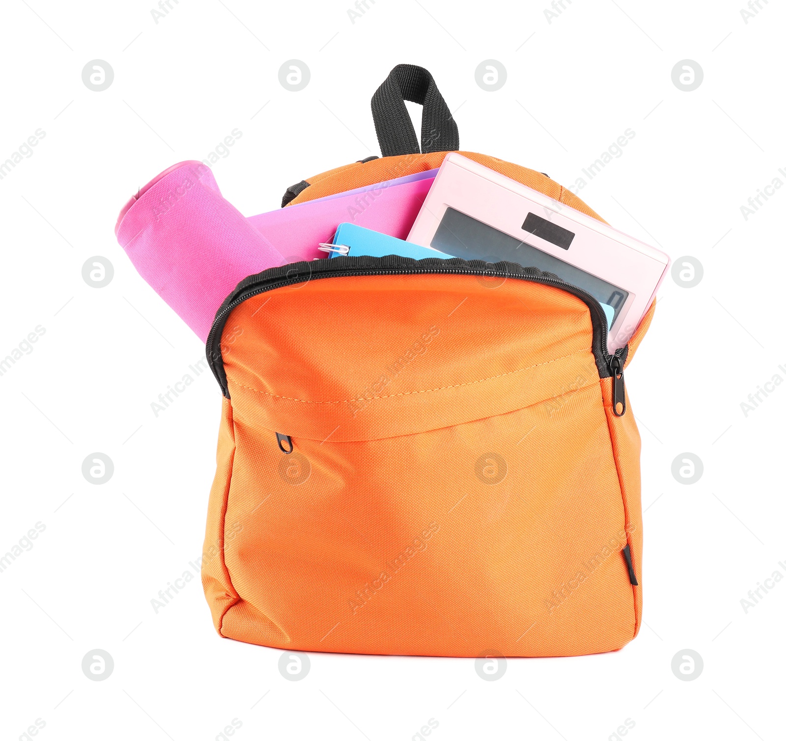 Photo of Backpack with different school stationery isolated on white