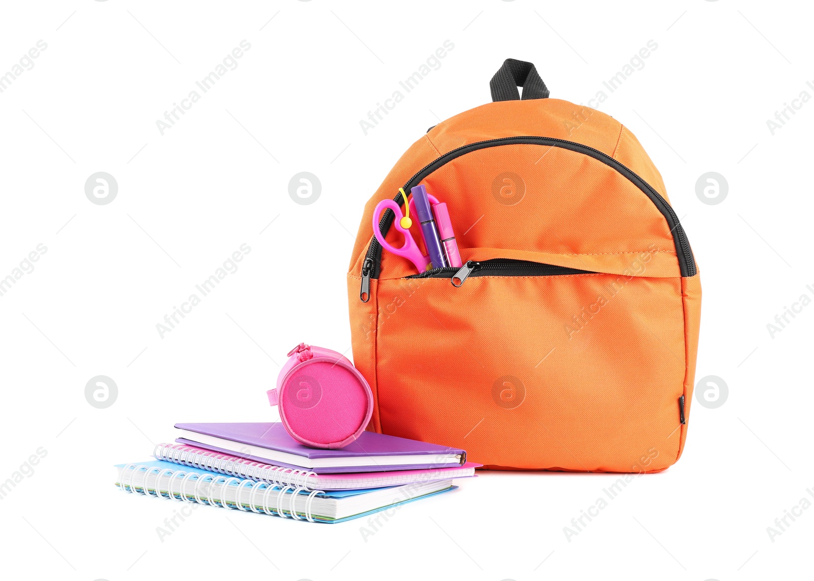 Photo of Backpack with different school stationery isolated on white