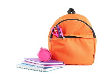 Photo of Backpack with different school stationery isolated on white