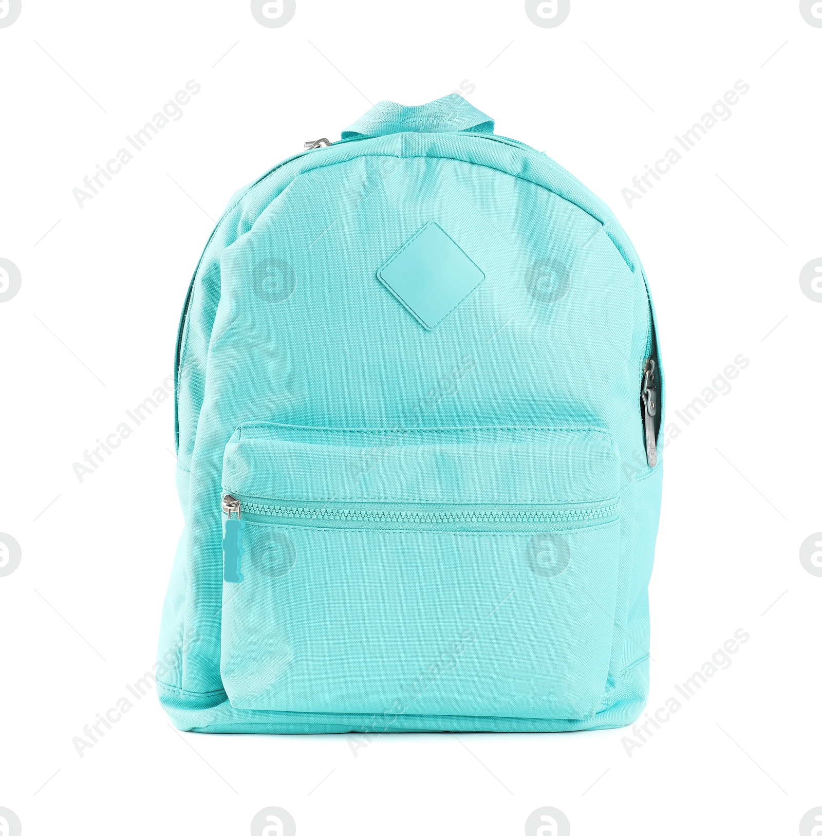 Photo of One stylish turquoise backpack isolated on white