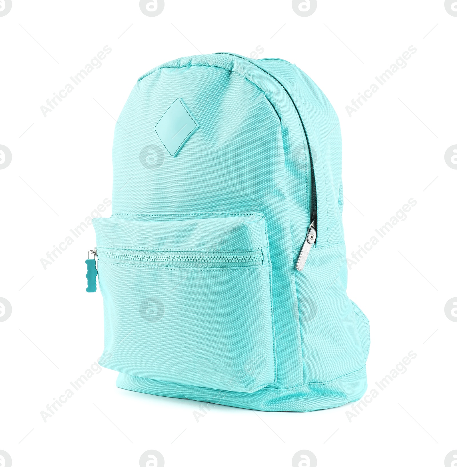 Photo of One stylish turquoise backpack isolated on white