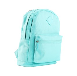 Photo of One stylish turquoise backpack isolated on white