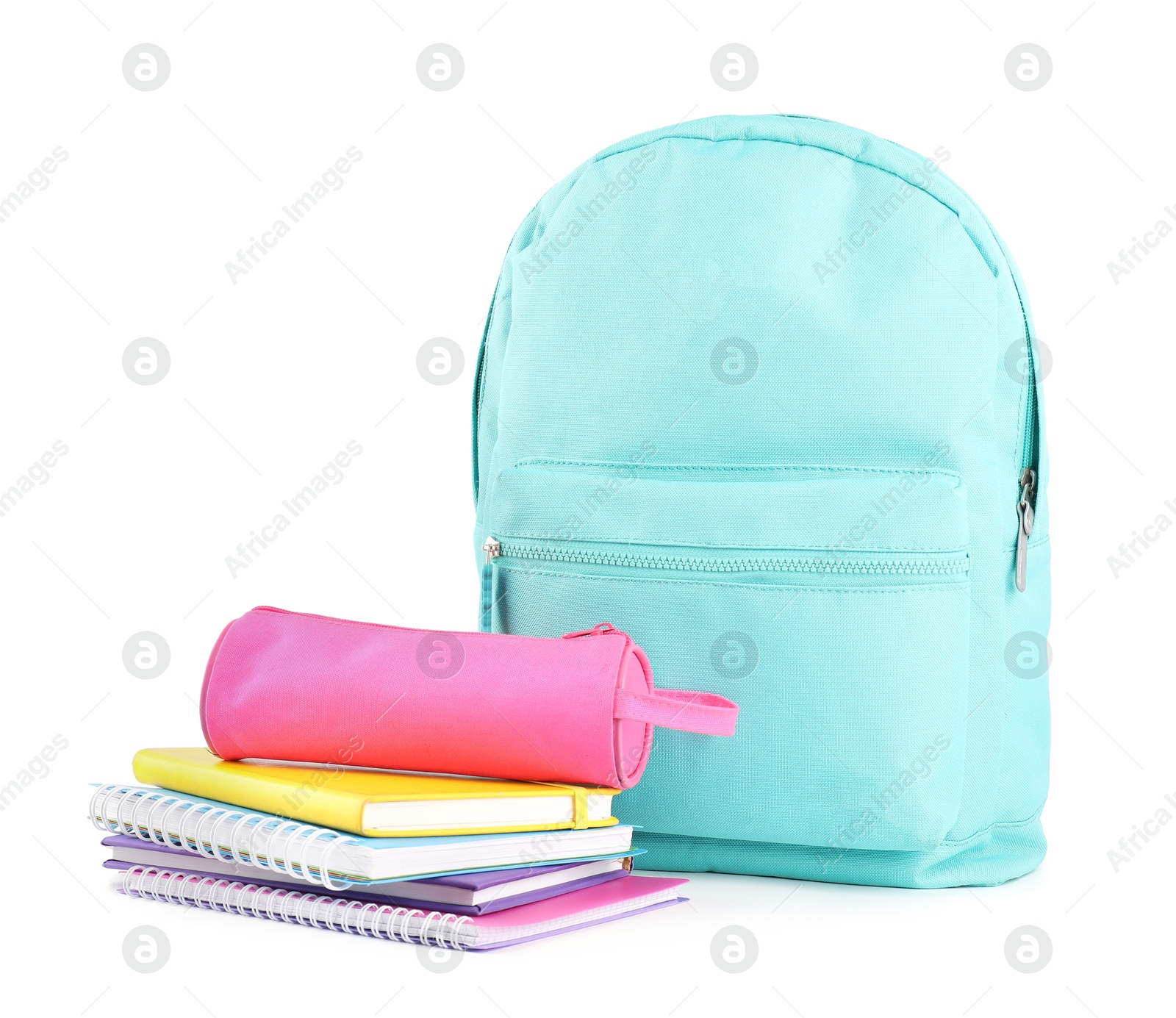 Photo of Backpack with different school stationery isolated on white