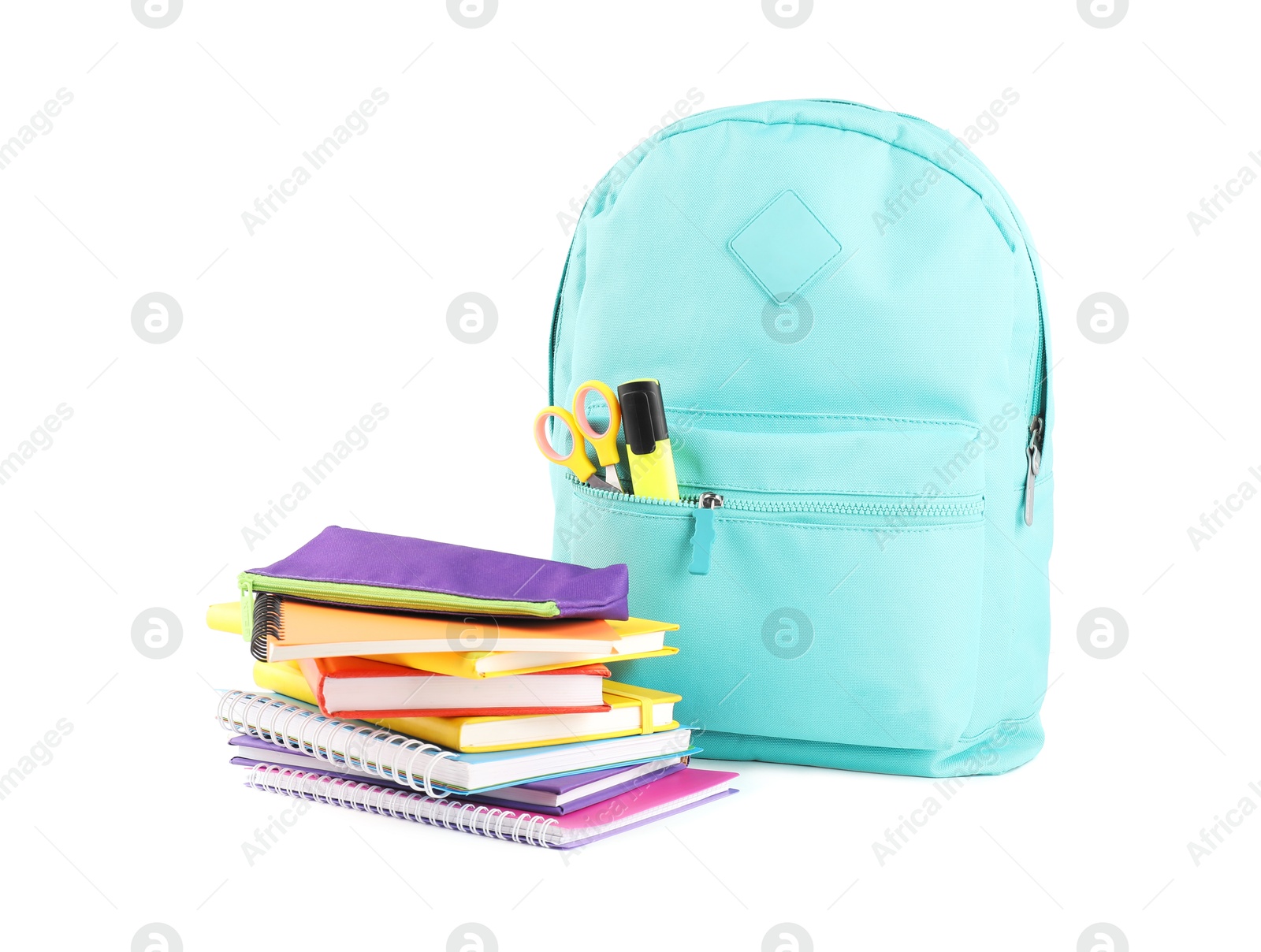 Photo of Backpack with different school stationery isolated on white