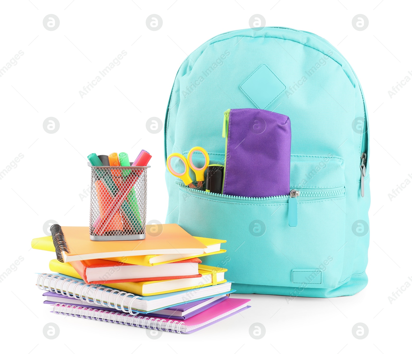 Photo of Backpack with different school stationery isolated on white