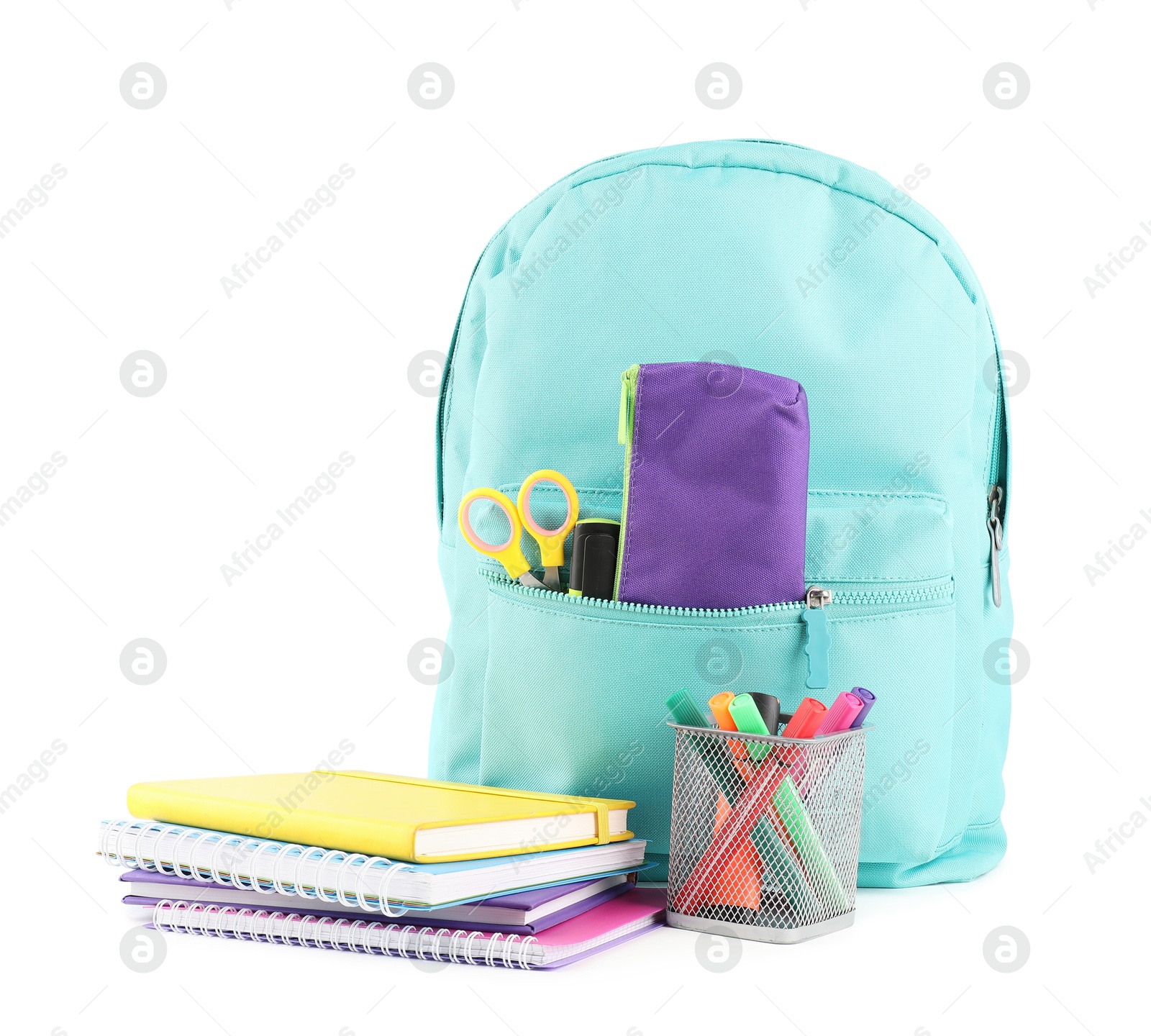 Photo of Backpack with different school stationery isolated on white