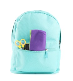 Photo of Backpack with different school stationery isolated on white