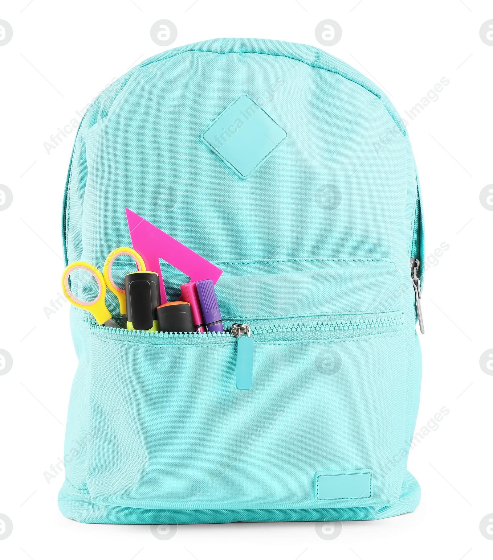 Photo of Backpack with different school stationery isolated on white