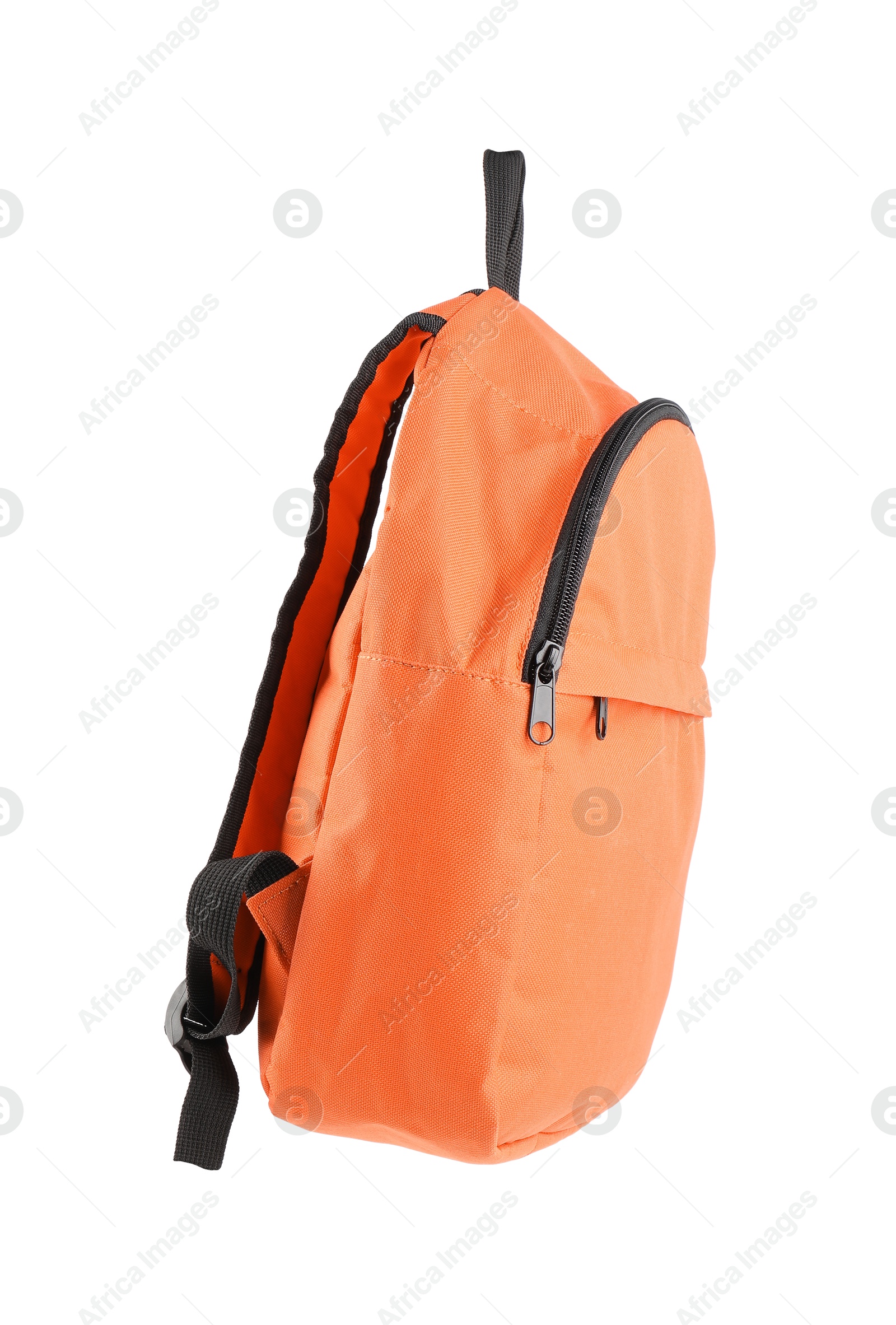 Photo of One stylish orange backpack isolated on white