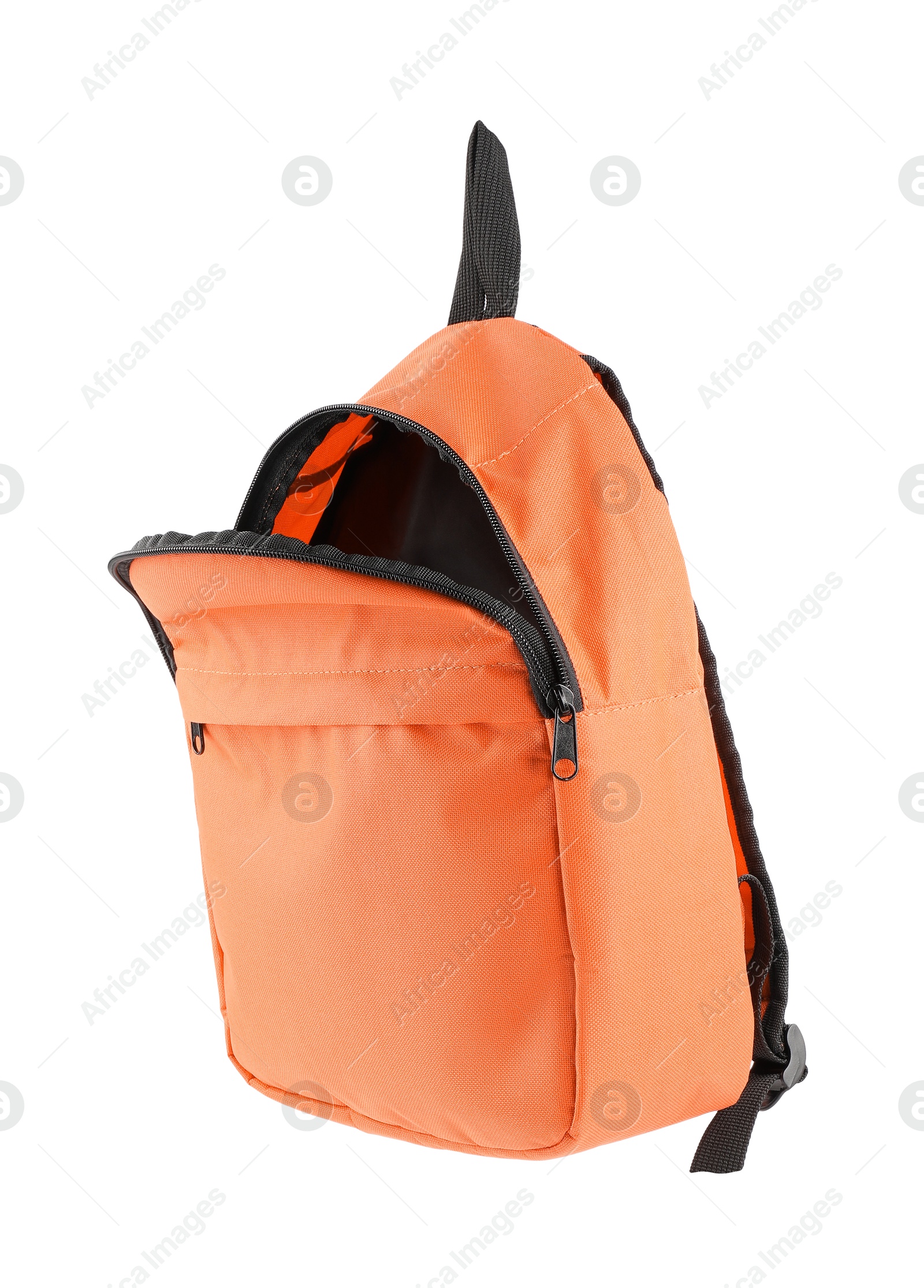 Photo of One empty orange backpack isolated on white