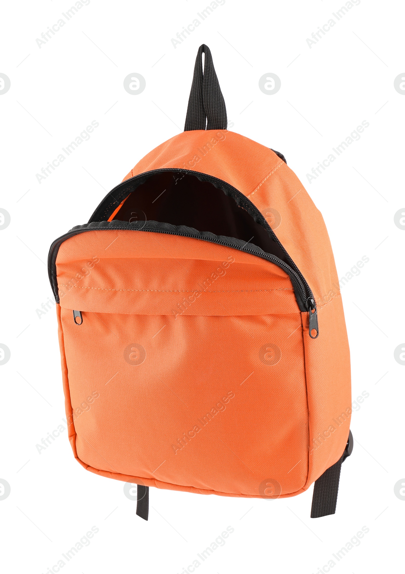 Photo of One empty orange backpack isolated on white