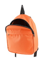 Photo of One empty orange backpack isolated on white