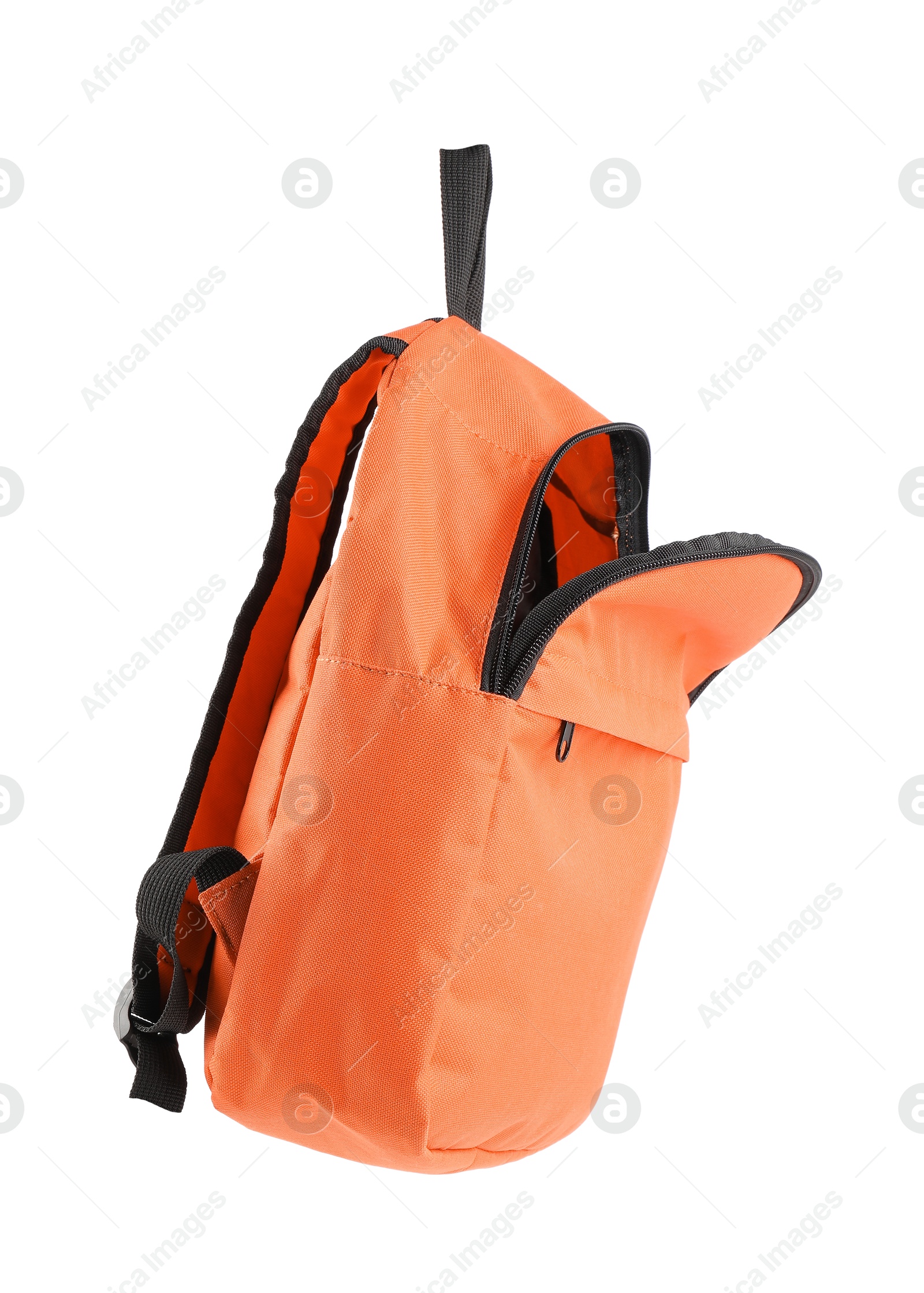 Photo of One empty orange backpack isolated on white