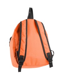 Photo of One stylish orange backpack isolated on white