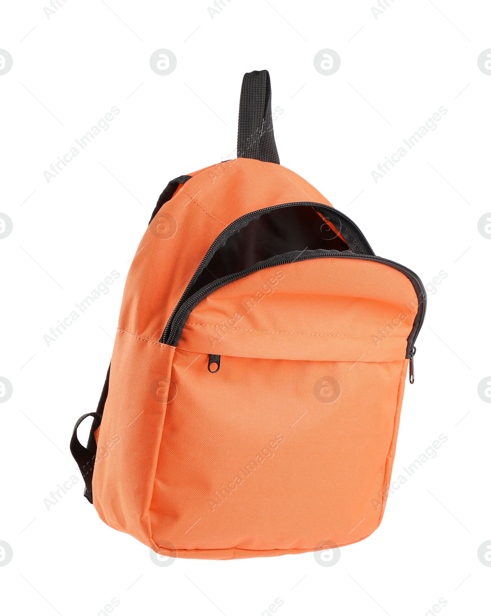 Photo of One empty orange backpack isolated on white