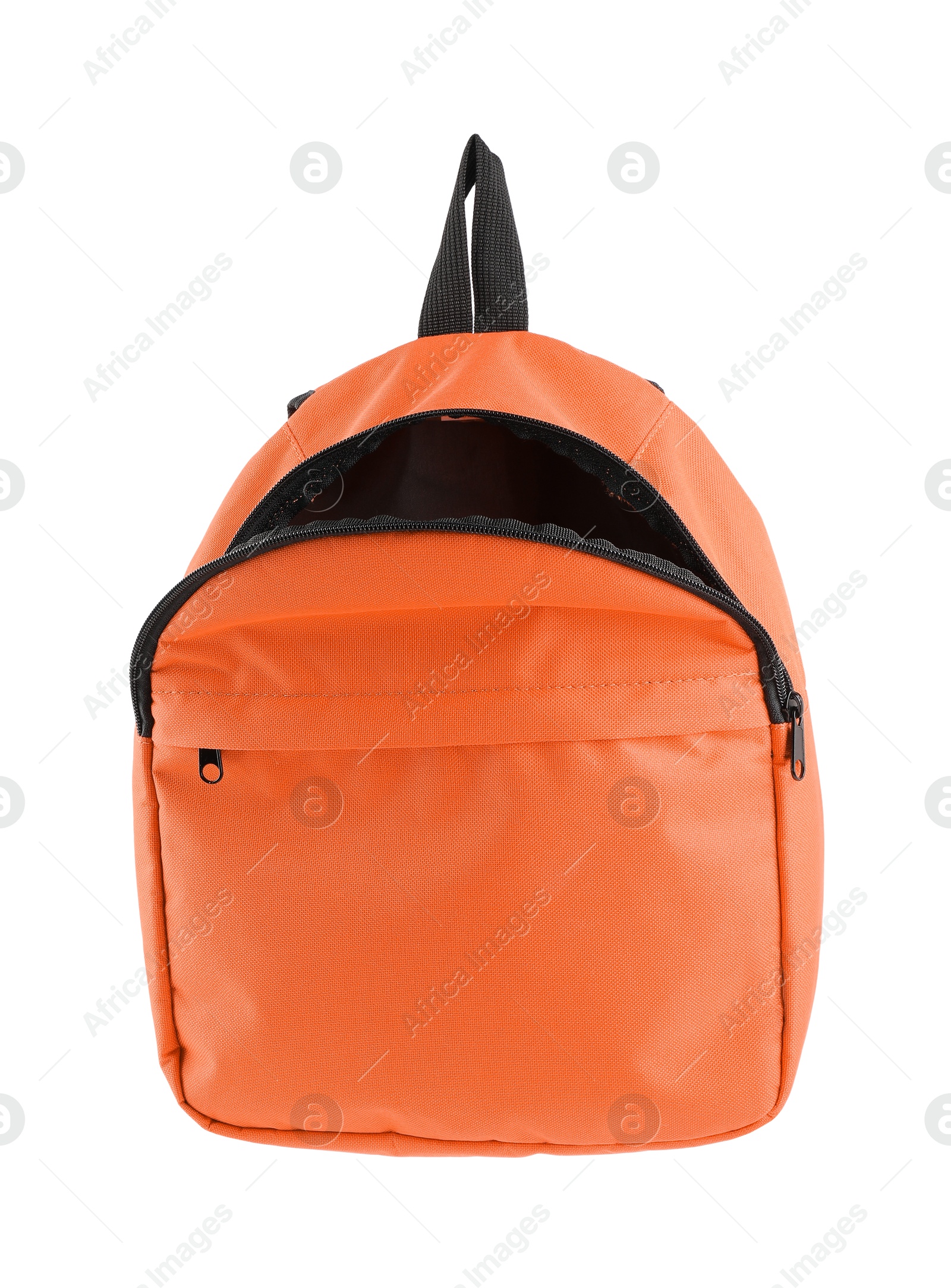 Photo of One empty orange backpack isolated on white