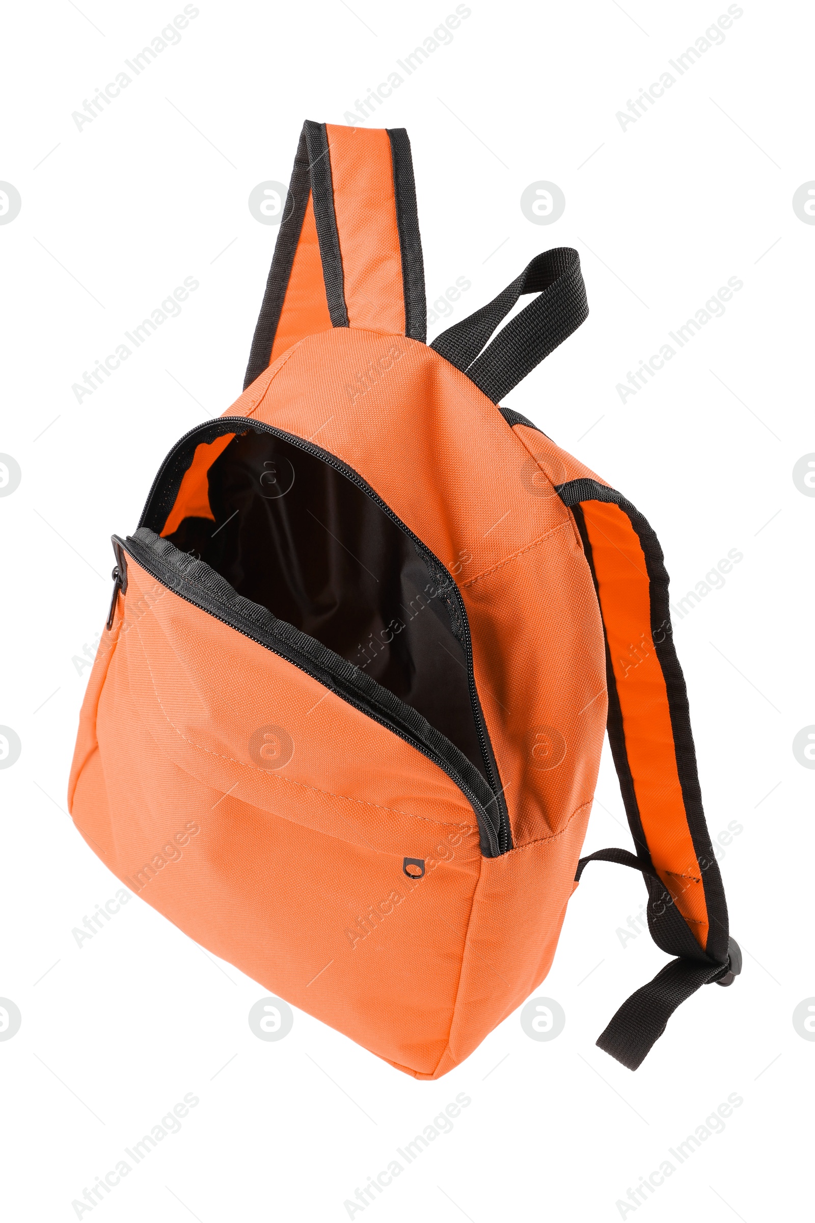 Photo of One empty orange backpack isolated on white