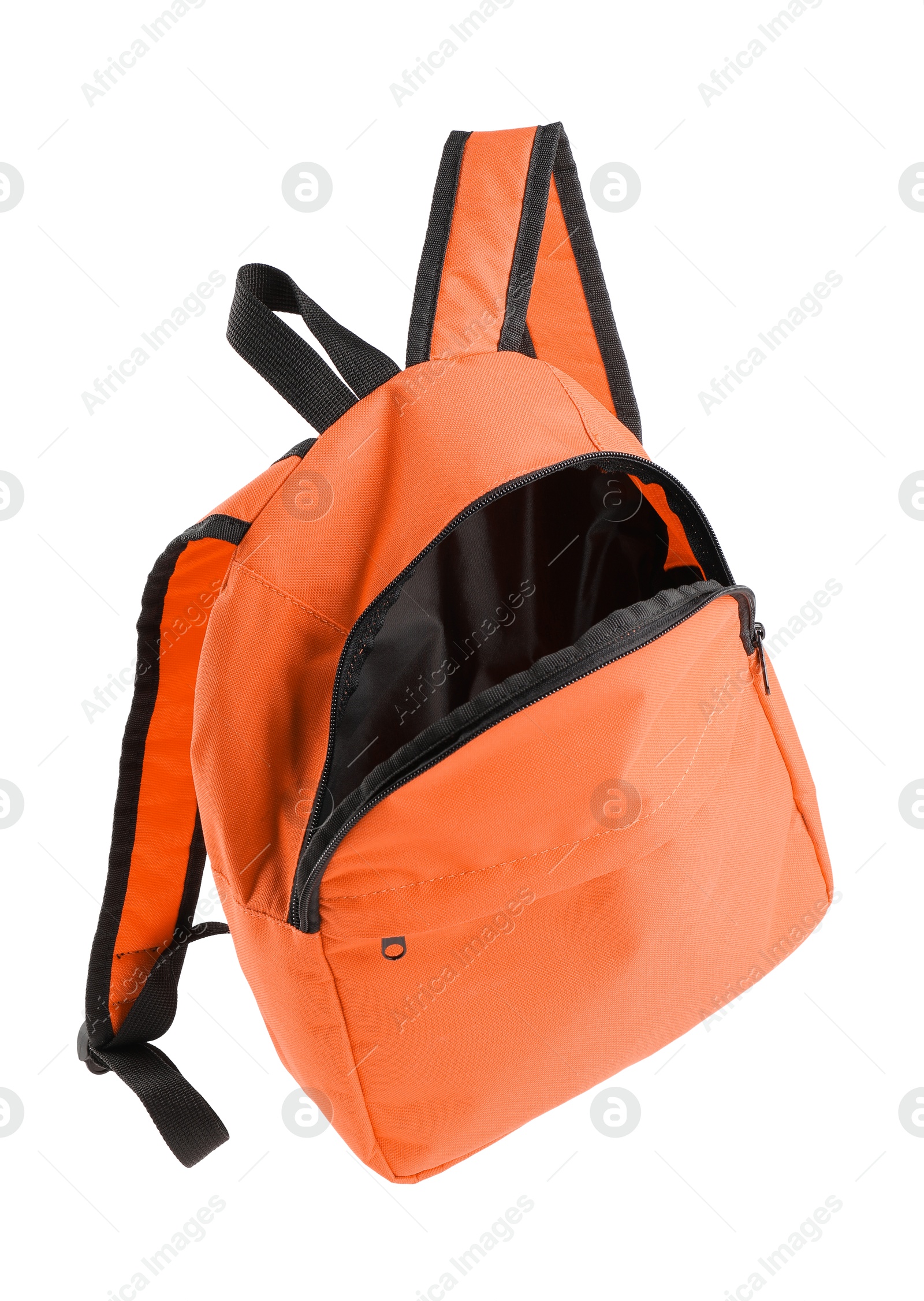 Photo of One empty orange backpack isolated on white