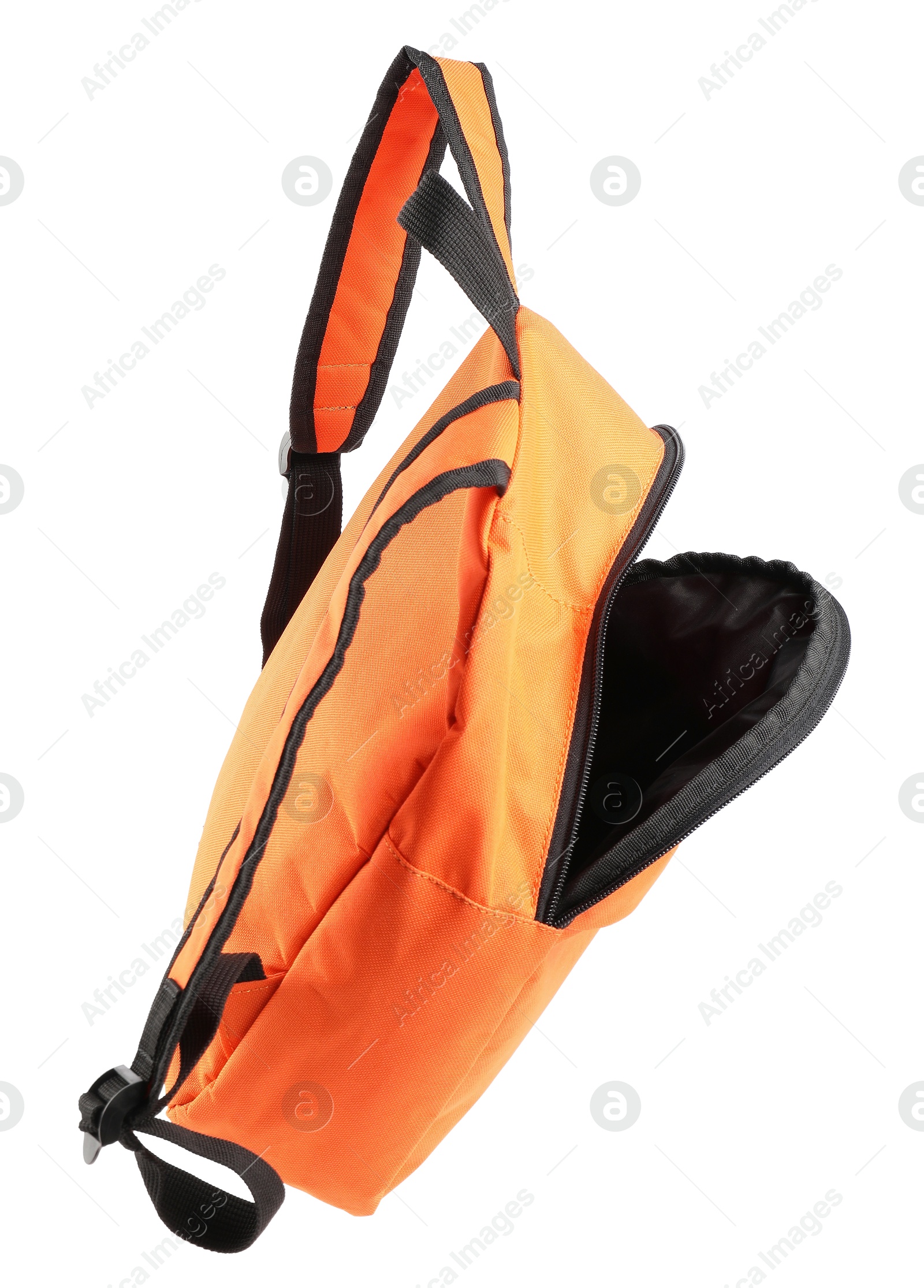 Photo of One empty orange backpack isolated on white