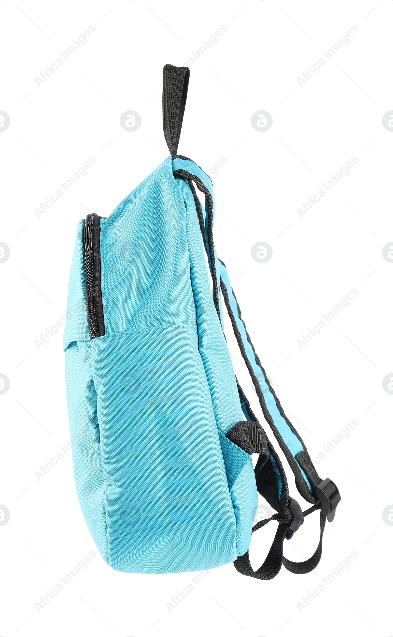 Photo of One stylish light blue backpack isolated on white