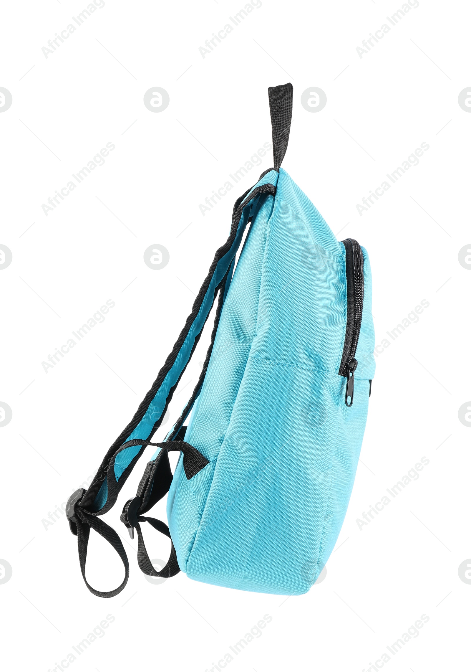 Photo of One stylish light blue backpack isolated on white