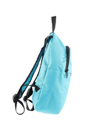 Photo of One stylish light blue backpack isolated on white