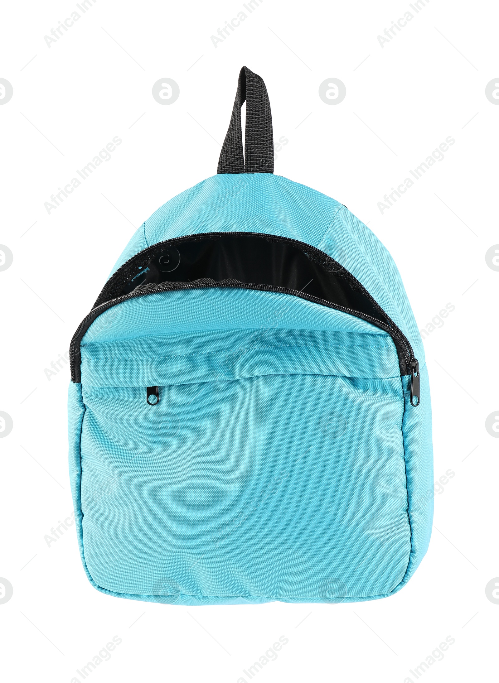 Photo of One empty light blue backpack isolated on white