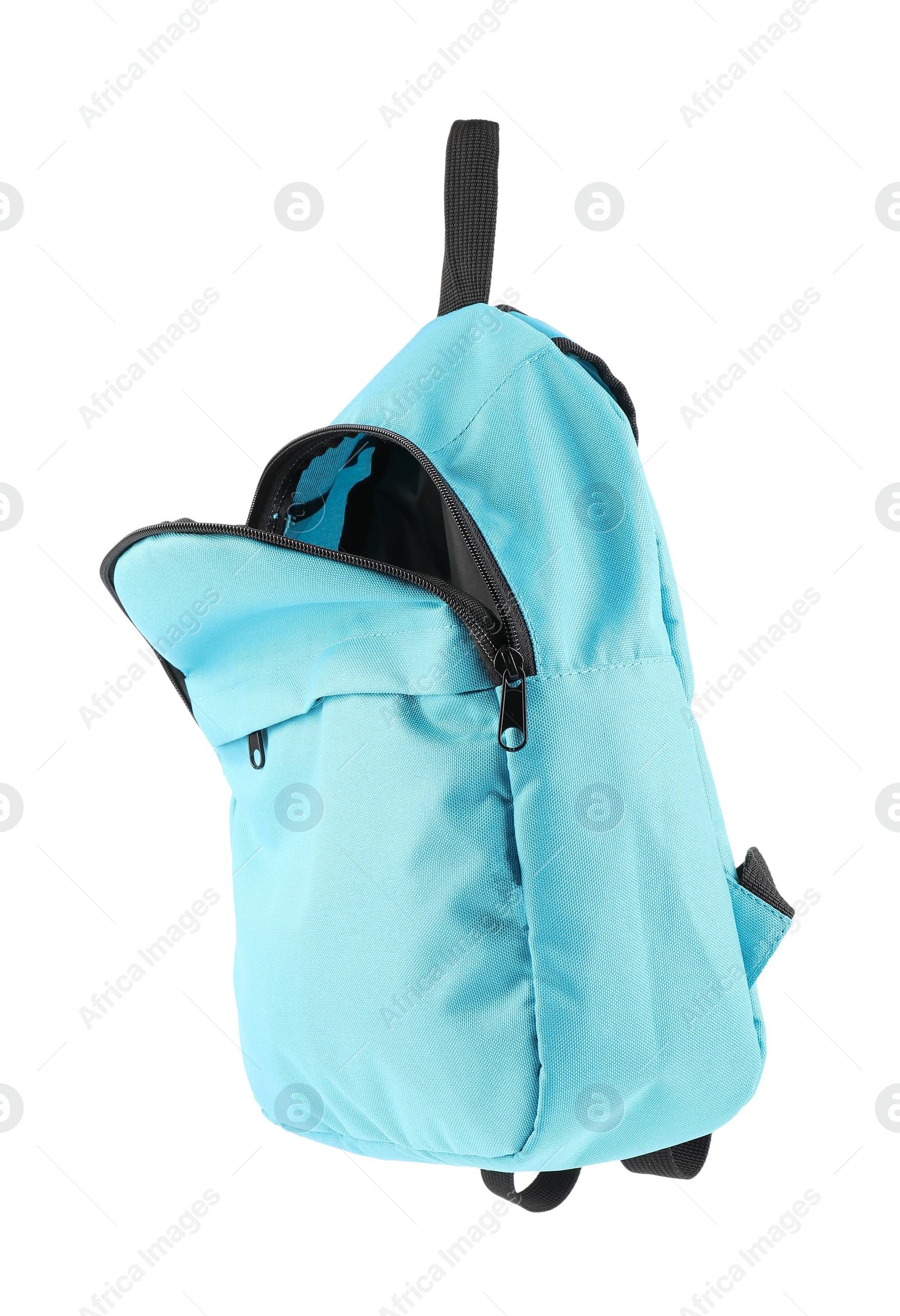 Photo of One empty light blue backpack isolated on white