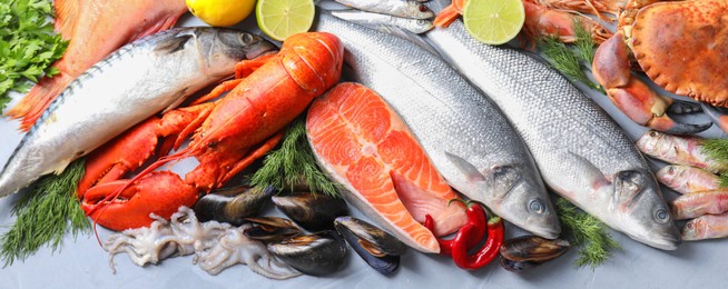 Image of Many different fresh sea food on grey table, flat lay. Banner design