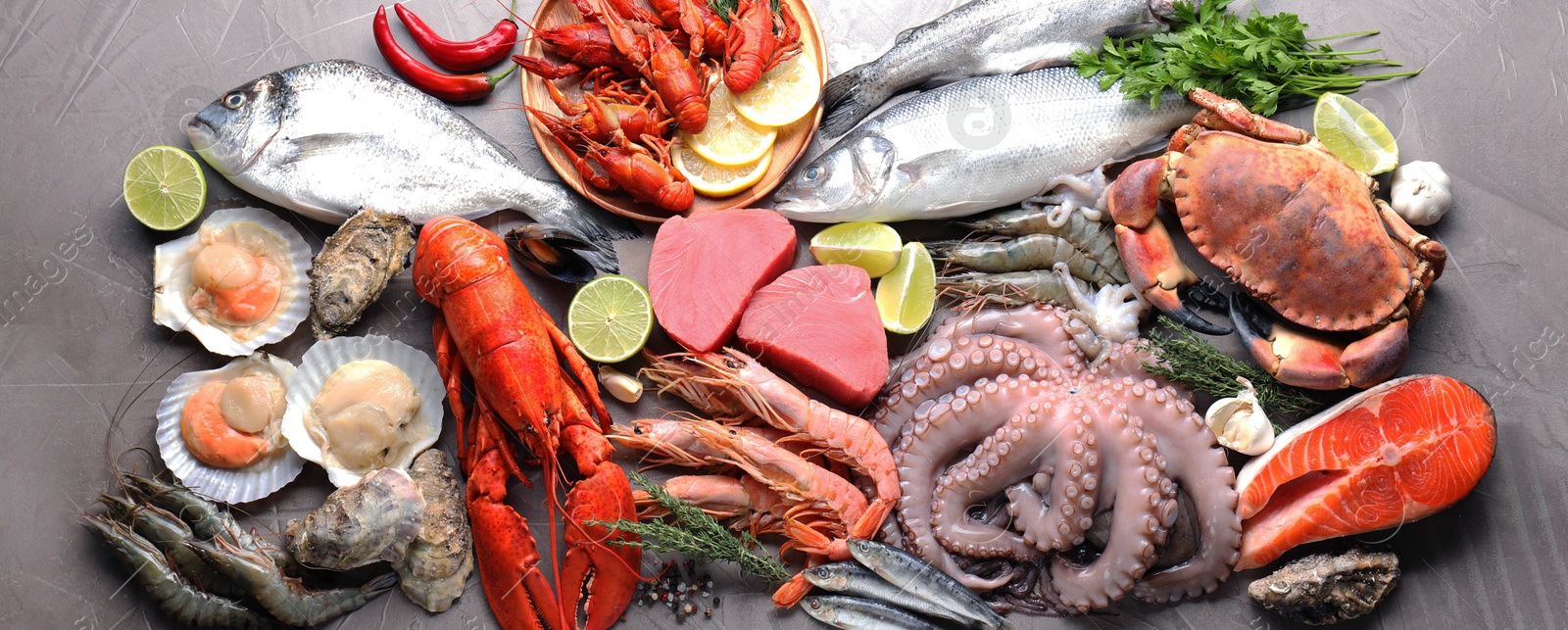 Image of Many different fresh sea food on grey table, flat lay. Banner design