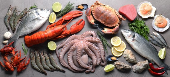 Image of Many different fresh sea food on grey table, flat lay. Banner design