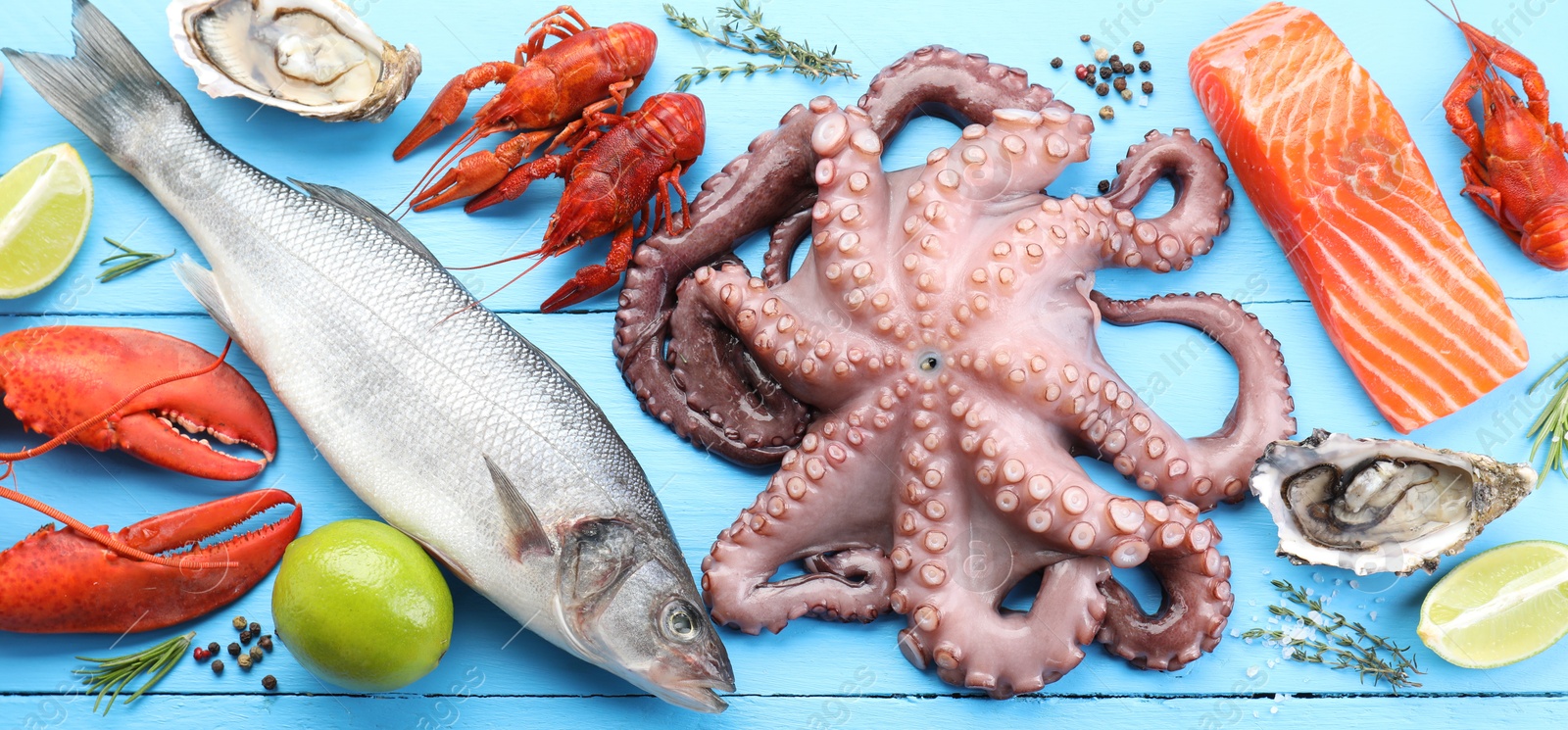 Image of Many different fresh sea food on light blue wooden table, flat lay. Banner design