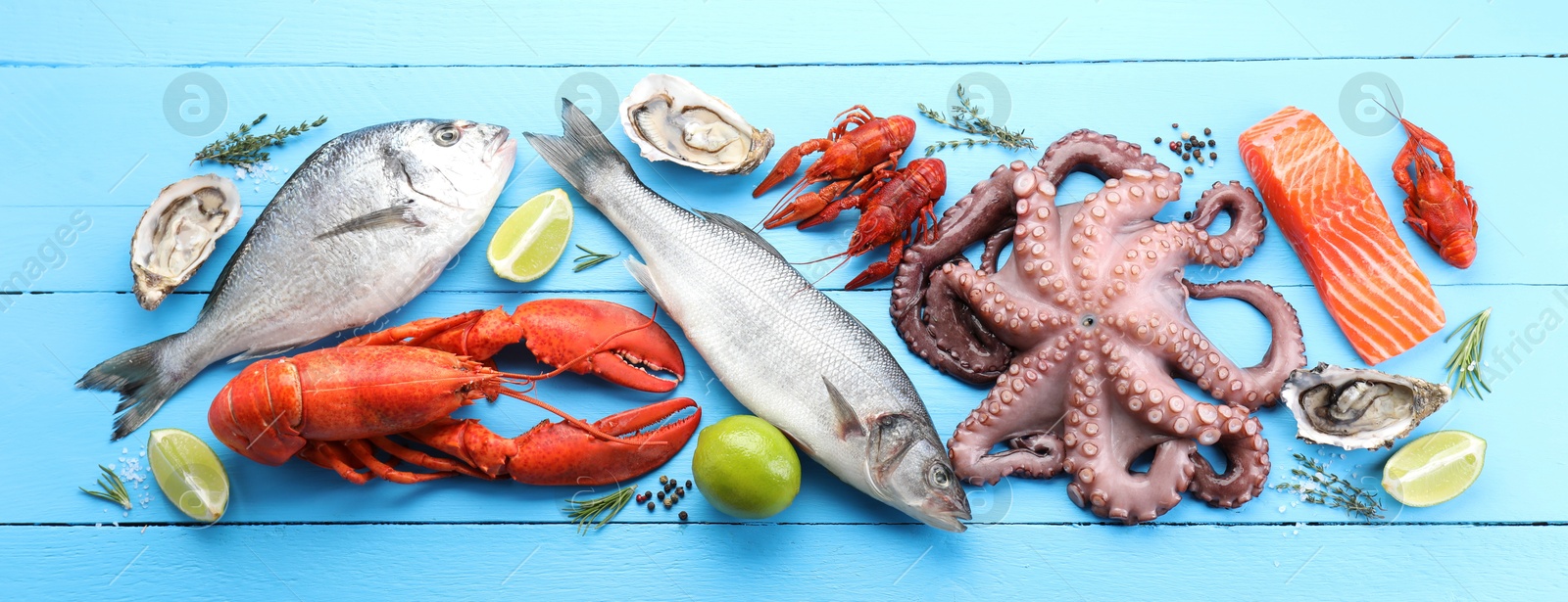 Image of Many different fresh sea food on light blue wooden table, flat lay. Banner design