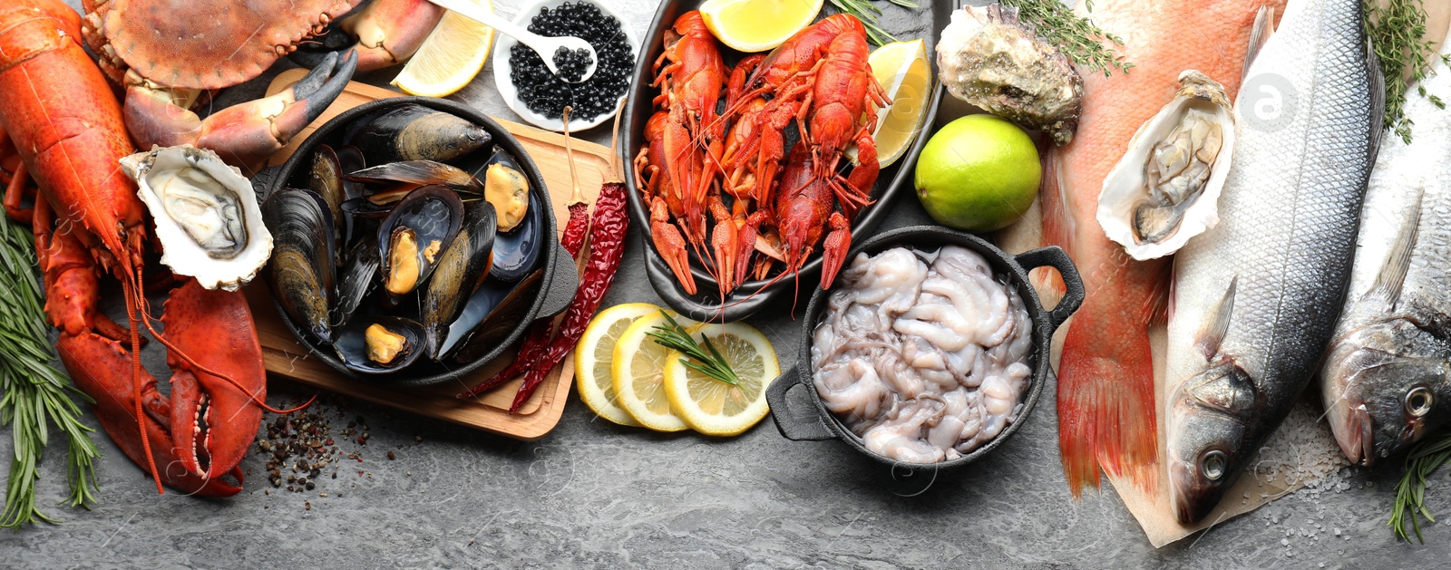 Image of Many different fresh sea food on grey table, flat lay. Banner design