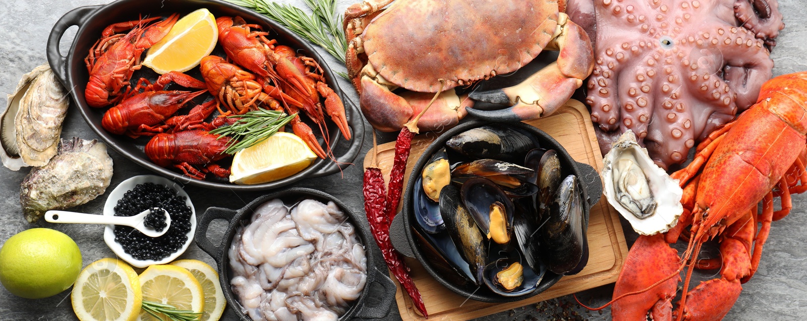 Image of Many different fresh sea food on grey table, flat lay. Banner design