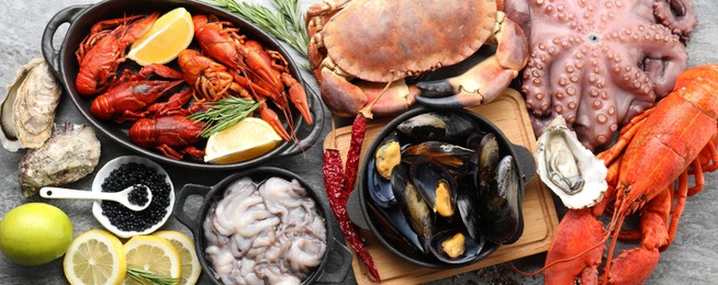 Image of Many different fresh sea food on grey table, flat lay. Banner design