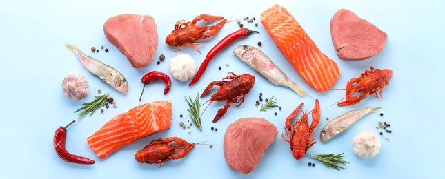 Image of Many different fresh sea food on light blue table, flat lay. Banner design