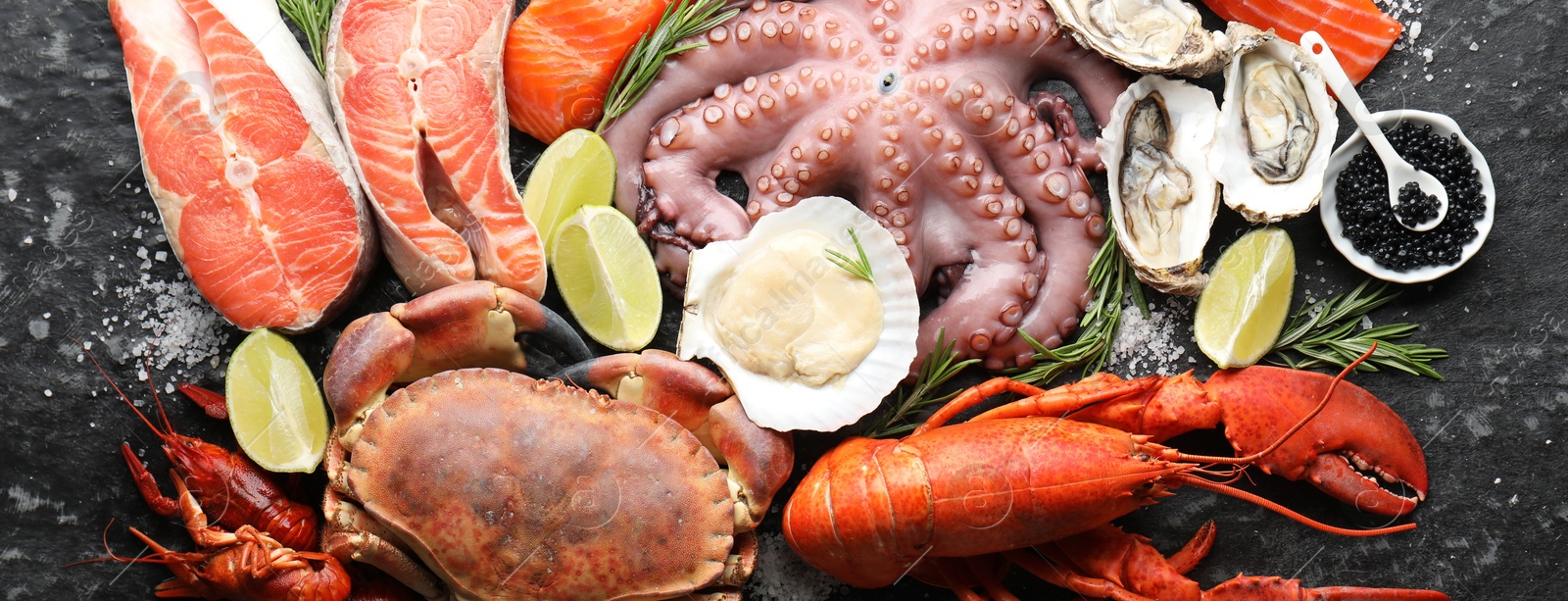 Image of Many different fresh sea food on dark table, flat lay. Banner design