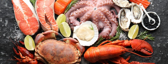 Image of Many different fresh sea food on dark table, flat lay. Banner design