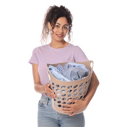 Photo of Happy woman with basket full of laundry on white background