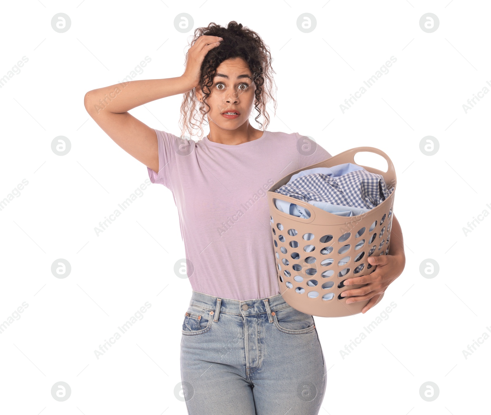 Photo of Emotional woman with basket full of laundry on white background