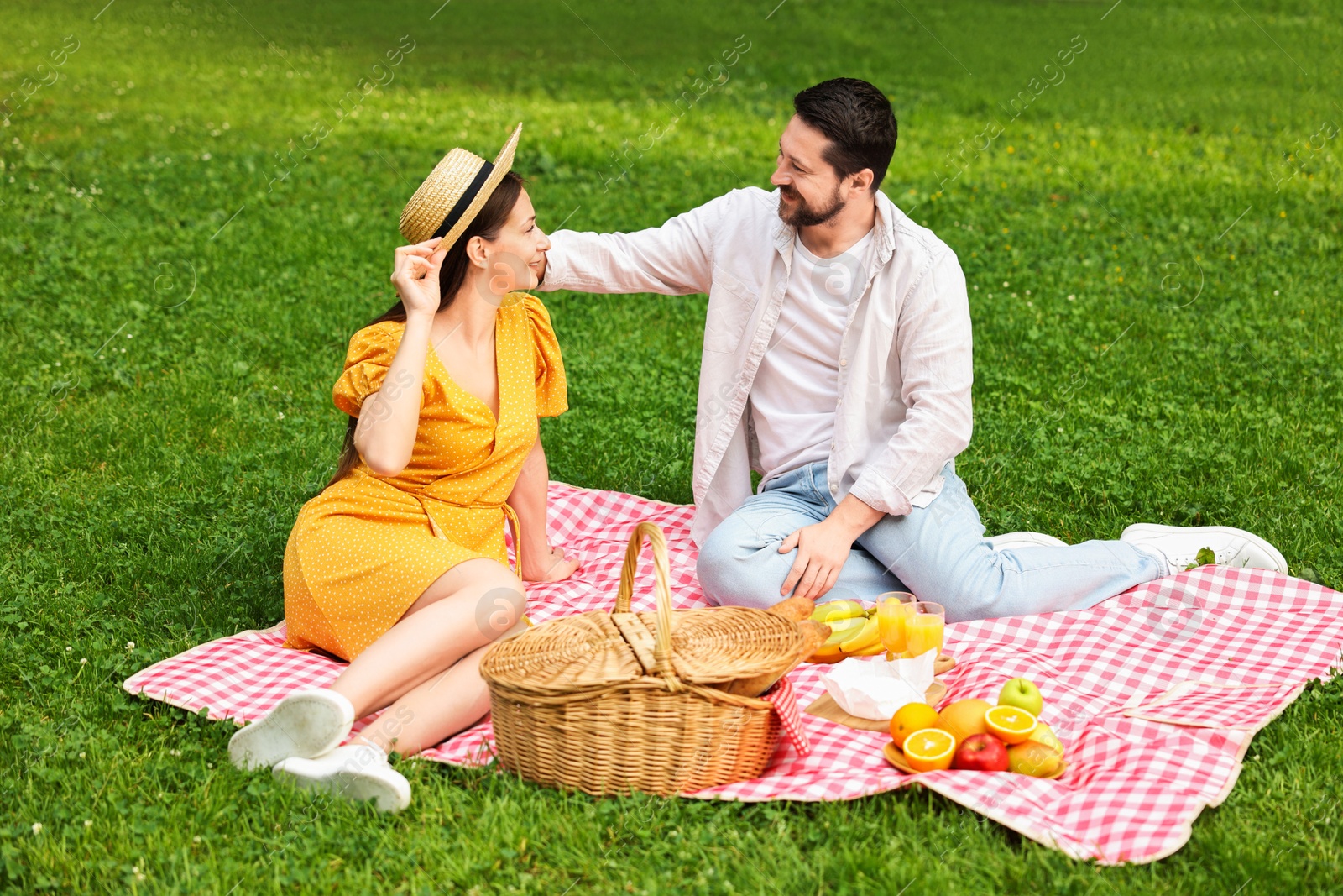 Photo of Lovely couple spending time together on picnic blanket outdoors