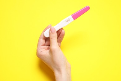 Photo of Woman holding pregnancy test on yellow background, closeup