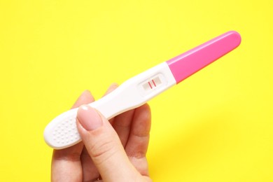 Photo of Woman holding pregnancy test on yellow background, closeup