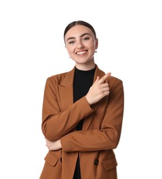 Beautiful woman in brown jacket and black dress on white background