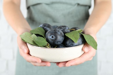 Photo of Woman holding bowl of ripe plums against white background, closeup